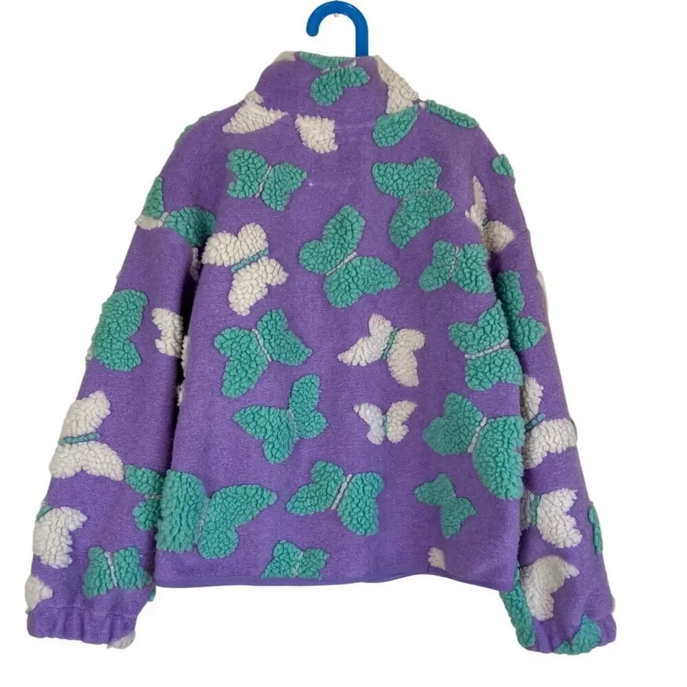 Lucky Brand Girls Sz M (10/12) Pastel Lilac Shearling Full Zip Jacket Butterfly